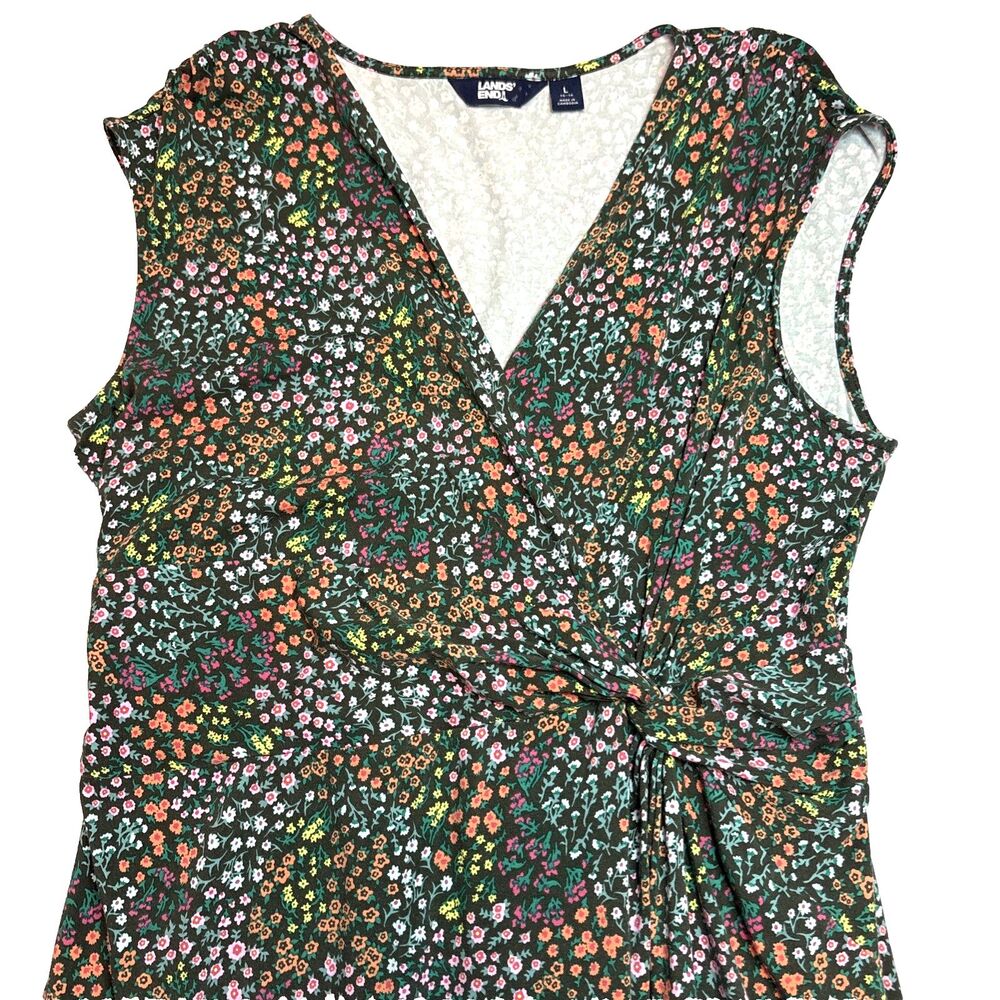 Lands End Dress Faux Wrap Brown Multicolor Floral Sleeveless Sz Large 14-16 - Picture 4 of 13
